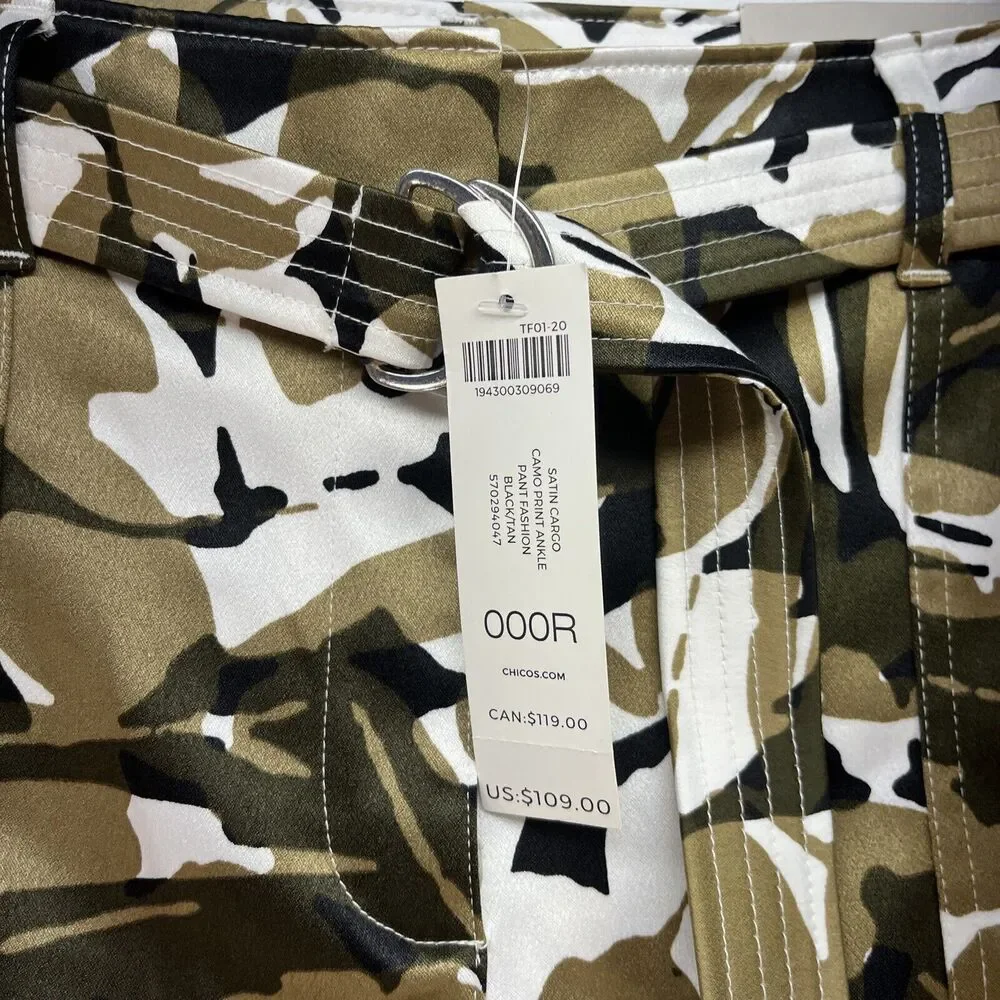 Chico’s Satin Cargo Ankle Pant Women’s Sz‎ 0 Camo NEW